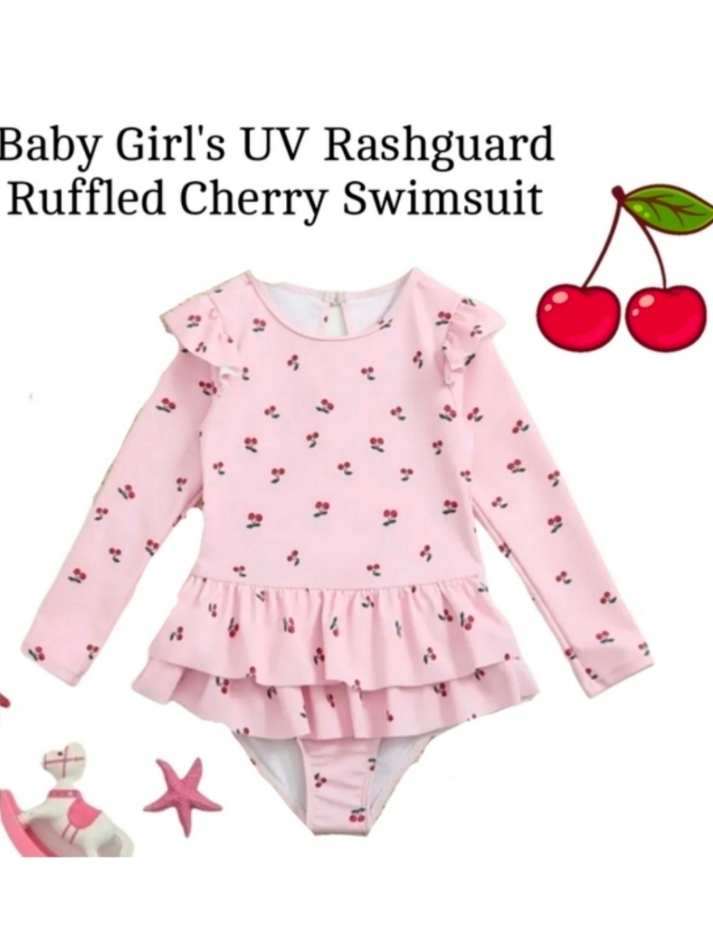 NWT GIRLS RASH GUARD ADORABLE RUFFLED SUN UV BLOCKING PINK SWIMSUIT W 🍒 🍒